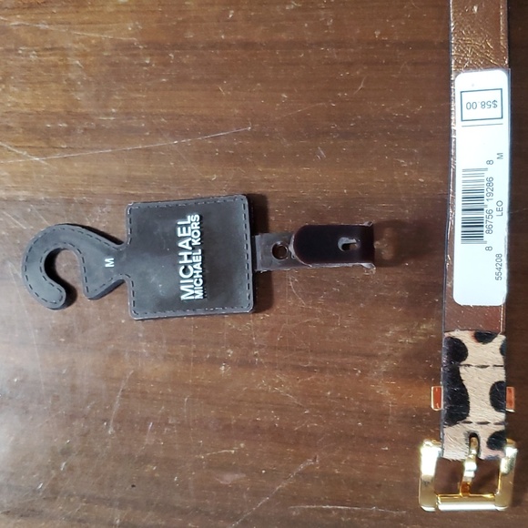 Michael Kors Leather Belt Gold Hardware Stud Cow Fur Leopard Cougar Size M 32-36 - Picture 5 of 7